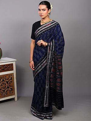 Patriot-Blue Pure Cotton Sambalpuri Saree with All-Over Ikat Weave and Temple Border