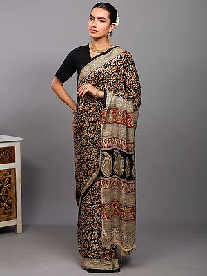 Black-Oyster Modal Silk Kalamkari Saree with Printed Multicolor Floral Jaal Pattern and Peacock Pallu