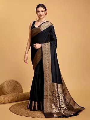 Stunning Weaving Work Broad Border Soft Lichi Silk Saree With Matching Blouse