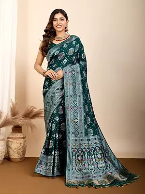Attractive Geometric Patterns Wide Border Muslin Dola Silk Saree With Blouse
