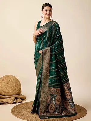 Soft Lichi Silk Weaving Work Stripe Pattern Attractive Saree With Blouse