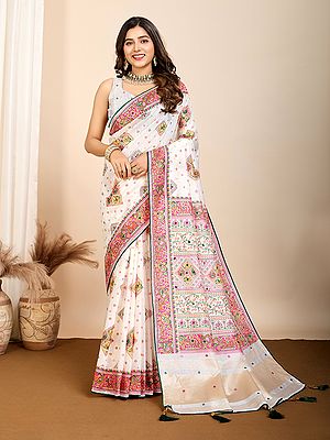Attractive Contrast Border Muslin Cotton Party Wear Saree With Tassels Pallu