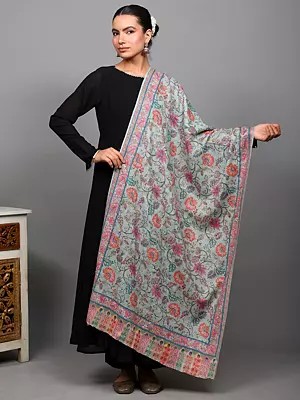 Green-Tint Kalamkari Aari Embroidered Stole with Printed Phool Bail from Punjab