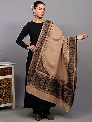 Cuban-Sand Wool Shawl with Intricate Zari Woven Paisley Kani Border