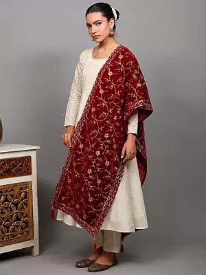 Velvet Stole with Embroidered Spring Vine and Latkan from Amritsar