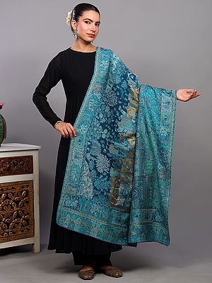 Biscay-Bay Pure Wool Shimmer Shawl with Woven Mughal Procession and Zari Work