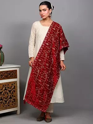 Persian-Red Velvet Stole from Punjab with Golden Thread Embroidery and Tassel