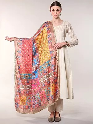 Floral Printed Dupatta with Bead-Mirror work and Lace Border from Amritsar