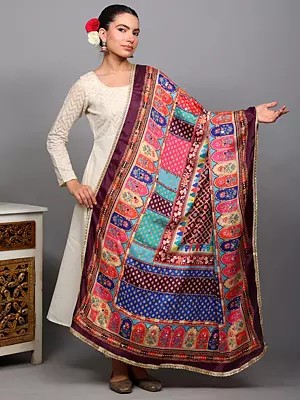 Multicolor Floral Printed Dupatta with Bead-Mirror work and Lace Border from Amritsar