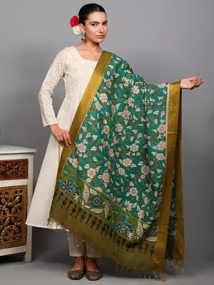 Deep-Green Kalamkari Dupatta with Printed Phool Bail-Peacocks and Zari Border from Telangana