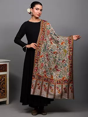Almond-Peach Kalamkari Stole with Aari Embroidery and Printed Paisley Floral Vines from Amritsar