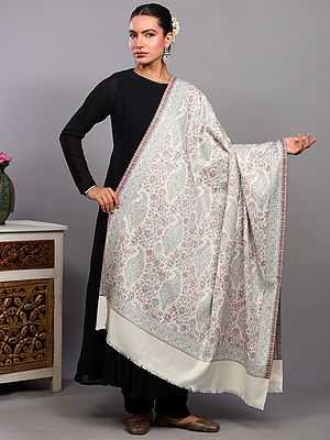 Snow-White Kani Jamawar Wool Shawl from Amritsar with Flowers and Paisleys Weave in Multicolor