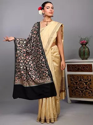 Bristol-Black Stole from Punjab with Chain Stitch Embroidered Floral Jaal in Multicolor Thread