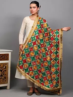 Multicolor Heavy Thread Embroidered Phulkari Dupatta from Punjab with Bead-Mirror Work and Golden Jhalar Lace Border
