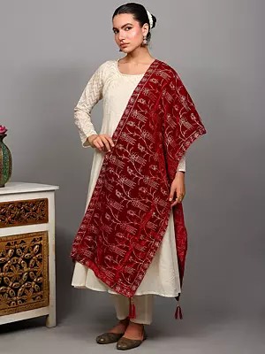 Rumba-Red Velvet Stole from Amritsar with Floral Golden Thread work and Latkan