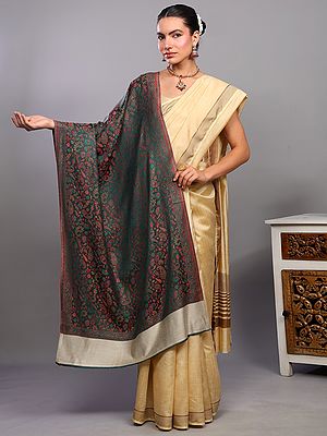 Bistro-Green Reversible Stole with Kani Woven Multicolor Flowers and Paisleys from Amritsar