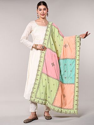 Multicolor Patch Work Velvet Dupatta with Sequins-Zardozi Embroidery and Scalloped Border