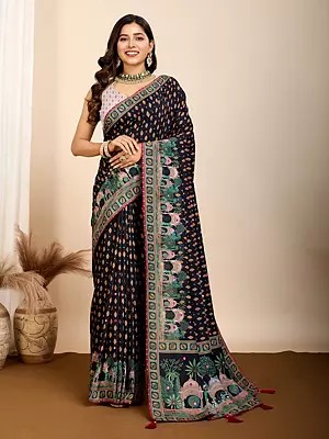 Elegant Black Printed Wide Border Muslin Cotton Saree With Blouse