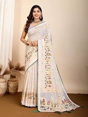 Off-White Designer Muslin Cotton Printed Wide Border Saree With Tassels Pallu