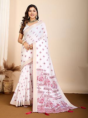 Muslin Cotton Ethnic Motifs Festive Wear Saree With Contrast Tassels Pallu
