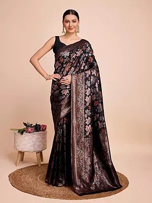 Designer Soft Lichi Silk Floral Motifs Festive Wear Saree With Matching Blouse