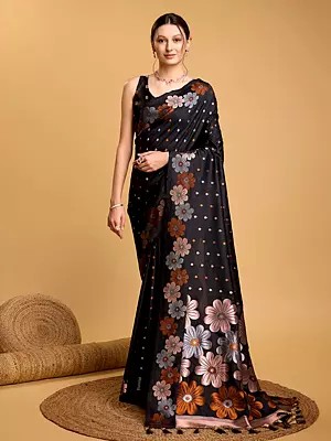 Soft Lichi Silk Floral Motifs Print Attractive Party Wear Saree With Blouse