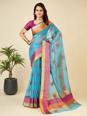 Cotton Silk Stunning Geometric Pattern Party Wear Saree With Blouse