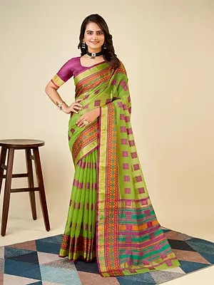 Stunning Cotton Silk Broad Border Geometric Pattern Festive Wear Saree