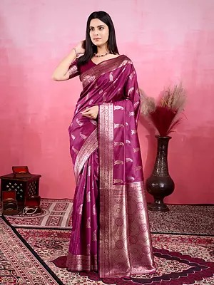 Attractive Soft Lichi Silk Paisleys Motifs And Weaving Work Saree
