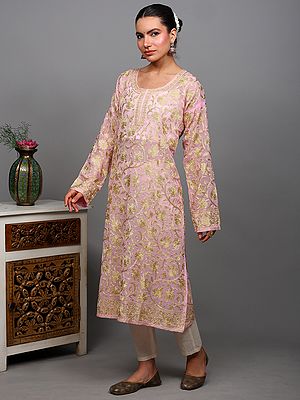 Georgette Long Kurti with Aari Embroidered Floral Jaal All-Over