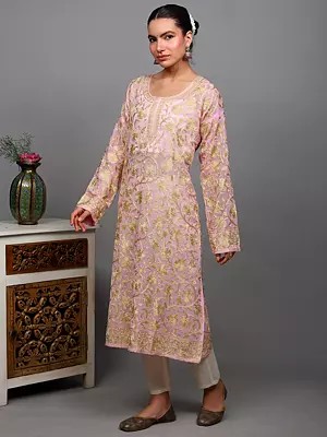 Parfait-Pink Georgette Long Kurti with Aari Embroidered Maple Vines