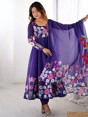 Attractive Organza Silk Floral Print Party Wear Anarkali Suit With Matching Dupatta