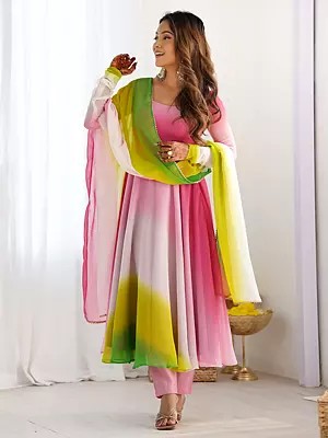 Multicolor Elegant Soft Faux Georgette Anarkali Suit With Matching Dupatta