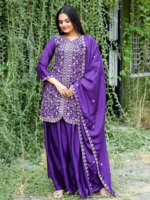 Chinon Elegant Sequins And Embroidery Work Party Wear Kurti Sharara Set With Dupatta