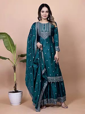 Chinon Attractive Embroidery And Sequins Work Kurti Sharara Set With Matching Dupatta