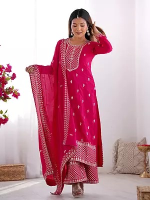 Pure Chinon Silk Sequins And Embroidery Work Festive Wear Kurta Set