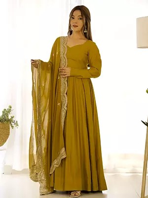 Attractive Fully Flared Solid Roman Silk Anarkali Suit With Embroidery Work Dupatta