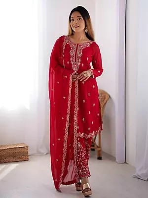 Stunning Faux Georgette Sequins Work Party Wear Kurta Set With Dupatta