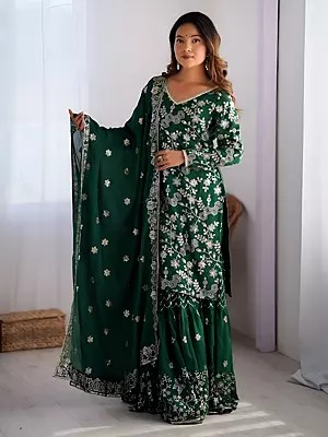 Floral Motifs Stunning Chinon Silk Party Wear Kurti Sharara Set With Dupatta