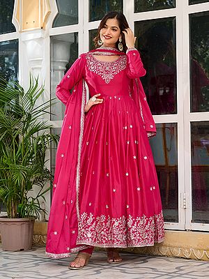 Stunning Silk Embroidery Work Flared Festive Wear Anarkali Suit With Matching Dupatta