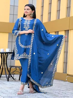 Dark-Sky-Blue Chinon Embroidery Work Attractive Kurta Set With Dupatta