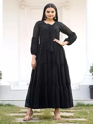 Black Faux Georgette Embroidery Work Festive Wear Anarkali Gown