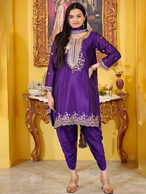 Purple-Iris Chinon Floral Embroidery Work Patiala Salwar Suit With Matching Dupatta