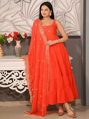 Red-Orange Georgette Embroidery Work Flared Anarkali Gown With Dupatta