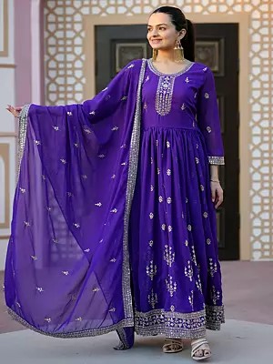 Purple-Heart Georgette Elegant Sequins Work Flared Anarkali Gown With Dupatta
