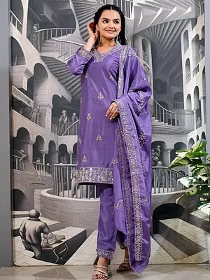 Lavender-Purple Chinon Designer Embroidery Work V-Neck Kurta Set