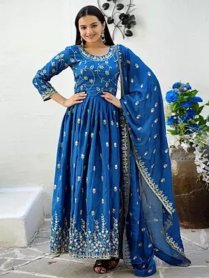 Attractive Floral Embroidery And Sequins Work Party Wear Chinon Gown With Dupatta