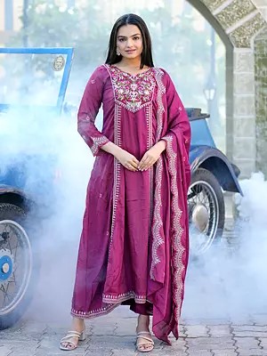 Floral Embroidery And Sequins Work Designer Long Chinon Kurta Set With Matching Dupatta