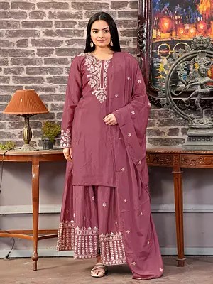 Elegant Chinon Embroidery And Sequins Work Kurta Palazzo Set For Festival Occasion