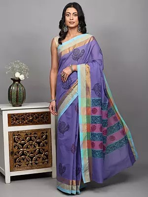 Aster-Purple Cotton Saree with Block Printed Flowers and Zari woven Stripes Border from Tamil Nadu